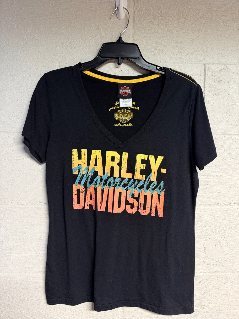 Harley-Davidson Black V-Neck Tee with Yellow Orange Teal Logo